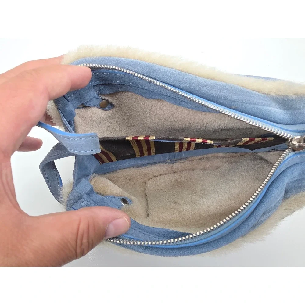 Hogan Blue Suede Shearling Trim Wristlet Clutch Bag Made in Italy
